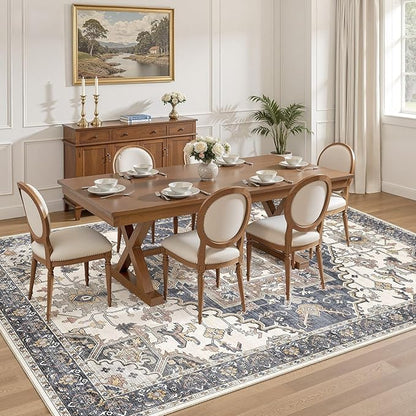 8x11 Washable Area Rugs for Living Room: Non Slip Vintage Blue Beige Rug, Large Soft Stain Resistant Indoor Floor Carpets for Bedroom Dining Room Nursery Home Office Kid & Pet Friendly