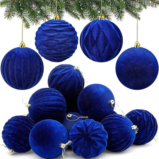 Liliful 12 Pcs Velvet Christmas Ornaments Balls, 4 Inch Flocked Plastic Christmas Tree Ball Shatterproof Hanging Ornaments Decorations for Xmas Tree Vintage Holiday Rustic Home Decor(Blue)