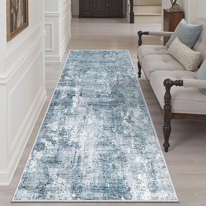 Soalmost Runner Rug 3x6 Washable Non-Slip Kitchen Runner Rugs for Bathroom Laundry Room Blue/Grey Vintage Floor Carpet Runners for Hallway Entryway