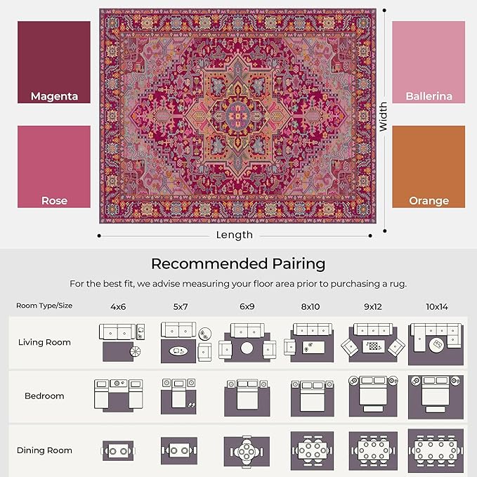 Kokia 6x9 Washable Magenta Hot Pink Area Rugs with Vintage Orient Design Soft Rug for Living Room or Home Office Non-Slip Low Pile Stain Resistance Features Distressed Medallion Pattern