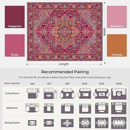Kokia 9x12 Washable Magenta Hot Pink Area Rugs with Vintage Orient Design, Soft Rug for Living Room or Bedroom, Non-Slip Low Pile Stain Resistance Features, Distressed Medallion Pattern