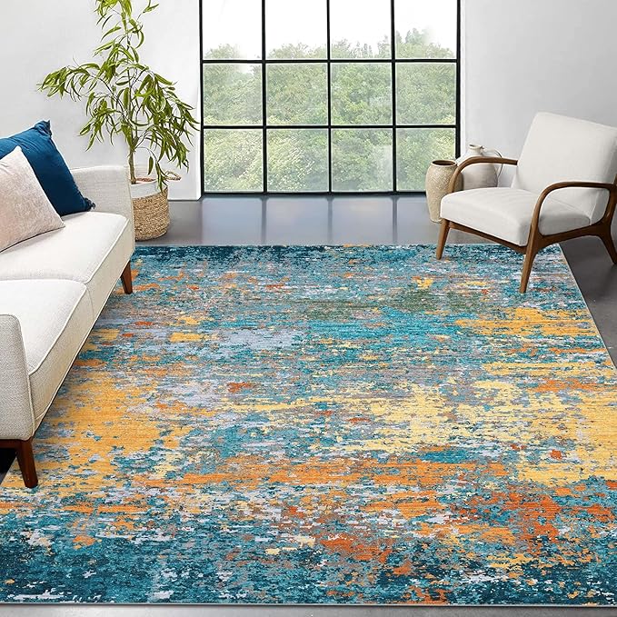 ROYHOME 9x12 Modern Abstract Accent Rug Non Slip Stain Resistant Washable Throw Rug Low Pile Indoor Floor Cover for Living Room Bedroom Office Home Decor, Multi Color