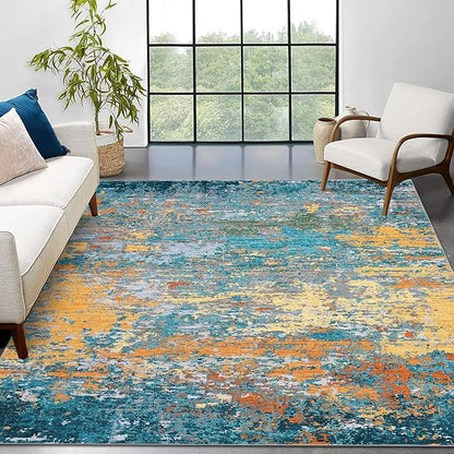ROYHOME 9x12 Modern Abstract Accent Rug Non Slip Stain Resistant Washable Throw Rug Low Pile Indoor Floor Cover for Living Room Bedroom Office Home Decor, Multi Color