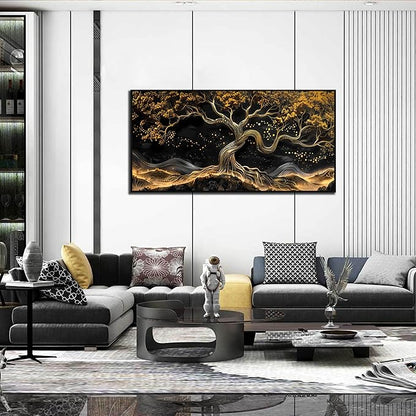 Gold Trees Pictures for Living Room - Modern Art Wall Decor for Office - Black Framed Wall Art Ready to Hang Size 24" x 48"