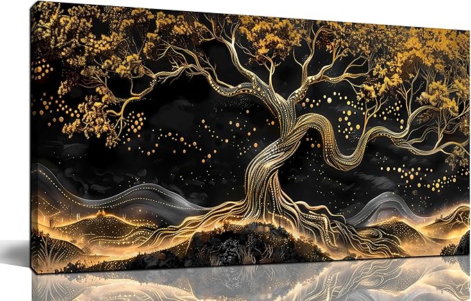 Gold Trees Canvas Wall Art for Living Room - Black Art Wall Decor for Bedroom - Office Artwork Wall Decor Size 20" x 40"