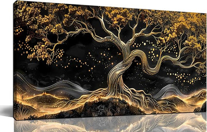 Gold Trees Canvas Wall Art for Living Room - Black Art Wall Decor for Bedroom - Office Artwork Wall Decor Size 20" x 40"