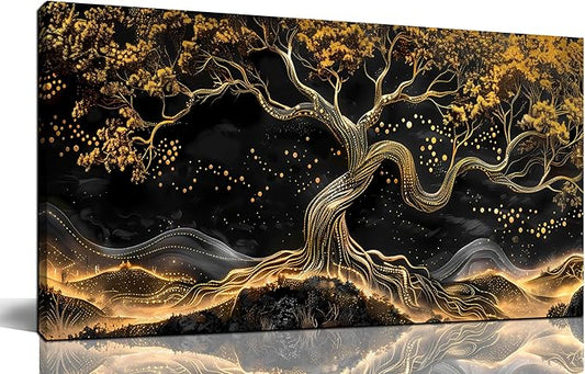 Gold Trees Canvas Wall Art for Living Room - Black Art Wall Decor for Bedroom - Office Artwork Wall Decor Size 20" x 40"