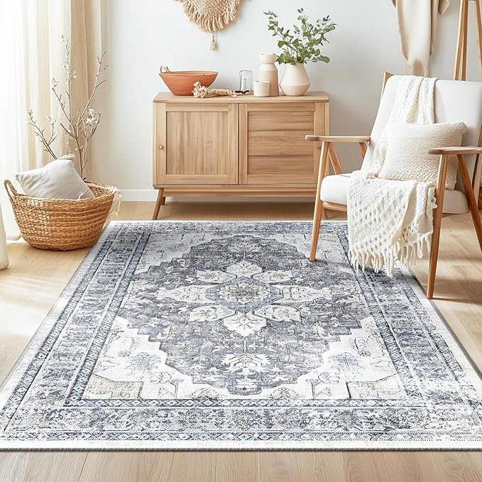 BESTSWEETIE 3x5 Area Rug Washable Rugs for Living Room, No Pile Boho Carpet for Entryway Bedroom Dinning Room, Vintage Carpet Print Distressed Non-Slip, 3 x 5 ft, Blue Grey White