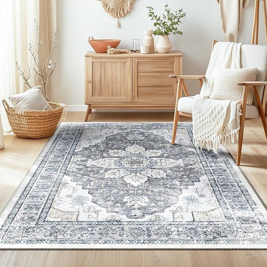 BESTSWEETIE 3x5 Area Rug Washable Rugs for Living Room, No Pile Boho Carpet for Entryway Bedroom Dinning Room, Vintage Carpet Print Distressed Non-Slip, 3 x 5 ft, Blue Grey White