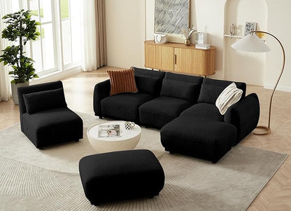 U Shaped Cloud Sectional, Convertible L Shaped Couch with Removable Ottomans,Modular Cloud Couch Sectional for Living Room (4 Set + 2 Ottomans - Black)