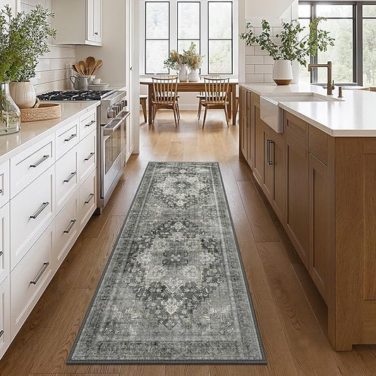 GENIMO 2x10 Runner Rugs for Hallway, Machine Washable Non Slip Vintage Rugs, Low Pile Lightweight Soft Print Rug for enrtyway, Corridor, Home Office, Kitchen, Charcoal Gray