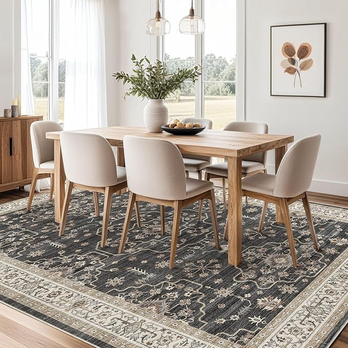 Area Rug for Living Room - 5x7 Soft Washable Oriental Vintage Floral Distressed Large Carpet - Fade Stain Resistant Non Slip Rugs for Bedroom Dining Room Nursery Dorm Office Home Decor - Black