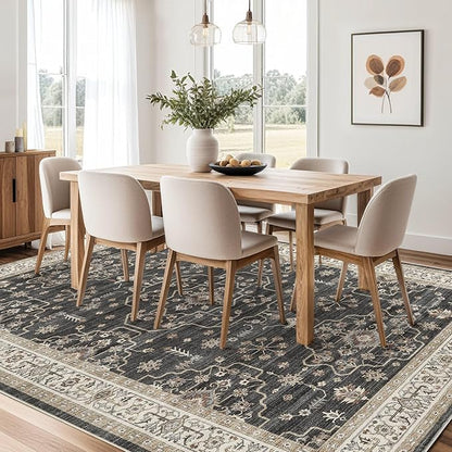Area Rug for Living Room - 9x12 Soft Washable Oriental Vintage Floral Distressed Large Carpet - Fade Stain Resistant Non Slip Rugs for Bedroom Dining Room Nursery Dorm Office Home Decor - Black