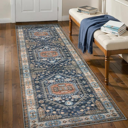 Tangsoo 2.6x10 Washable Runner Rug for Hallways,Vintage Non-Slip Kitchen Runner Rugs Non-Slip Boho Soft Low Pile Long Rug Runner for Bedroom Entryway Laundry Bathroom Living Room Blue Orange