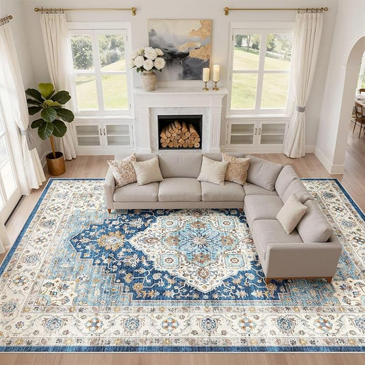 10x12 Area Rug Living Room: Washable Boho Large Neutral Vintage Soft Rugs Stain Resistant Farmhouse Non-Slip Indoor Floor Retro Carpet for Bedroom Nursery Kids Office Dining Room- Navy Beige