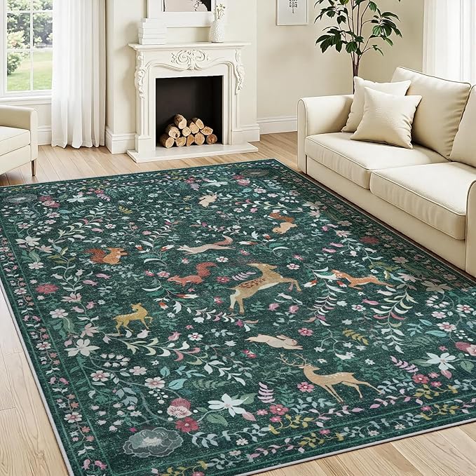 6x9 Area Rugs Washable Rug: Lagre Boho Living Room Rug Soft Non-Slip Thin Carpet Indoor Floor Non-Shedding Neutral Floral Carpets for Bedroom Dining Room Farmhouse Nursery Dark Green