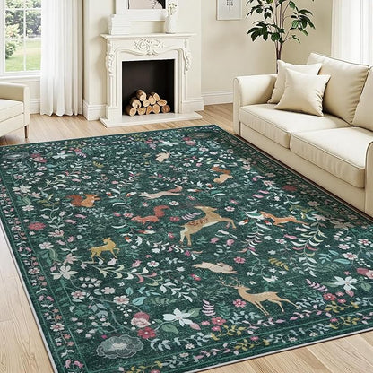 5x7 Area Rugs Washable Rug: Lagre Boho Living Room Rug Soft Non-Slip Thin Carpet Indoor Floor Non-Shedding Neutral Floral Carpets for Bedroom Dining Room Farmhouse Nursery Dark Green