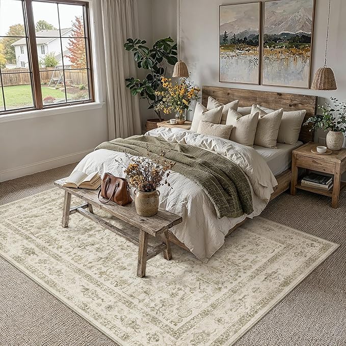 PureCozy Taupe 5x7 Area Rug Vintage Washable Living Room Carpet Non Slip Bedroom Indoor Office Low Pile Traditional Distressed Retro Accent Rug for Dining Room Bathroom Kitchen