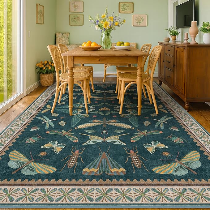 Insect Print Washable 8x10 Living Room Rug - Bugs, Butterfly, Bees, Moths Patterned Area Rugs for Bedroom, Dining Room Under Table, Kids Room, Home Office, Washable Non Slip Fade Resistant Low Pile