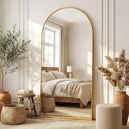 Full Length Mirror, 76"x34" Arched Floor Mirror Freestanding, Floor Standing Full Body Mirror with Stand for Bedroom, Hanging Mounted for Living Room Cloakroom, Gold