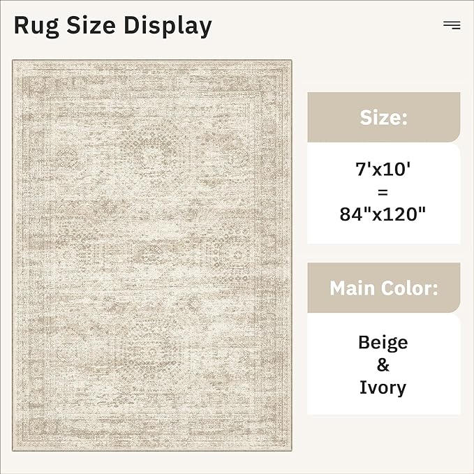 Soalmost 7x10 Area Rug for Living Room Washable Abstract Vintage Soft Thin Indoor Floor Non-Slip Carpet for Bedroom Dining Room Beige