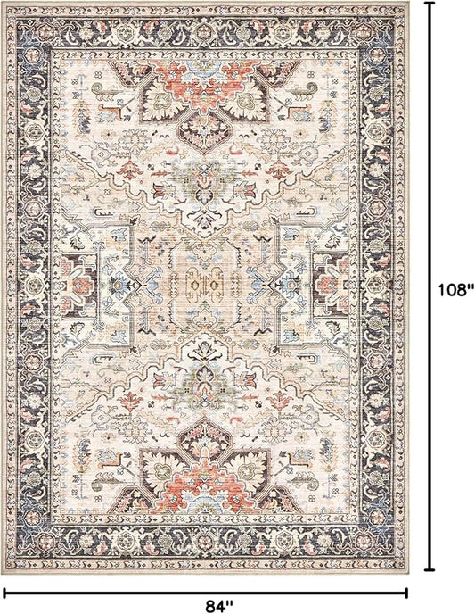 Area Rug for Living Room - 7x9 Soft Washable Oriental Vintage Floral Distressed Large Carpet - Fade Stain Resistant Non Slip Rugs for Bedroom Dining Room Nursery Dorm Office Home Decor - Multi