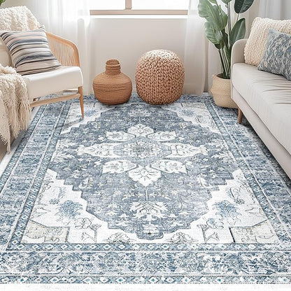 BESTSWEETIE 5x7 Area Rug Washable Rugs for Living Room, No Pile Boho Carpet for Entryway Bedroom Dinning Room, Vintage Carpet Print Distressed Non-Slip, 5 x 7 ft, Blue Grey White