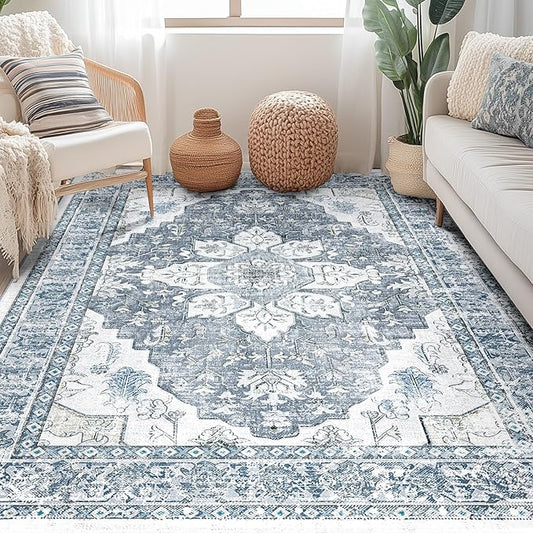 BESTSWEETIE 4x6 Area Rug Washable Rugs for Living Room, No Pile Boho Carpet for Entryway Bedroom Dinning Room, Vintage Carpet Print Distressed Non-Slip, 4 x 6 ft, Blue Grey White