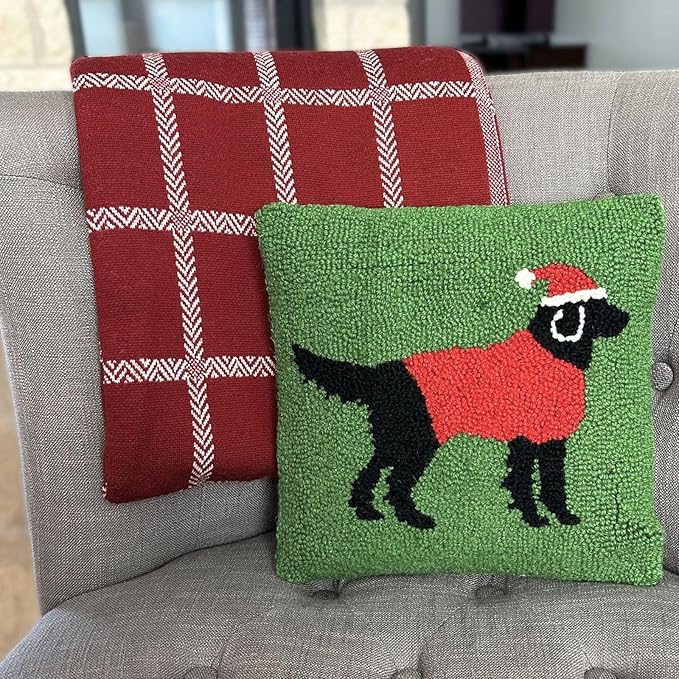 Hand Hooked Christmas Pillow - 12X12 inches Throw Pillow for Couch or Dorm (Black Lab)