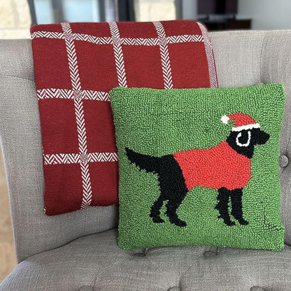 Hand Hooked Christmas Pillow - 12X12 inches Throw Pillow for Couch or Dorm (Black Lab)