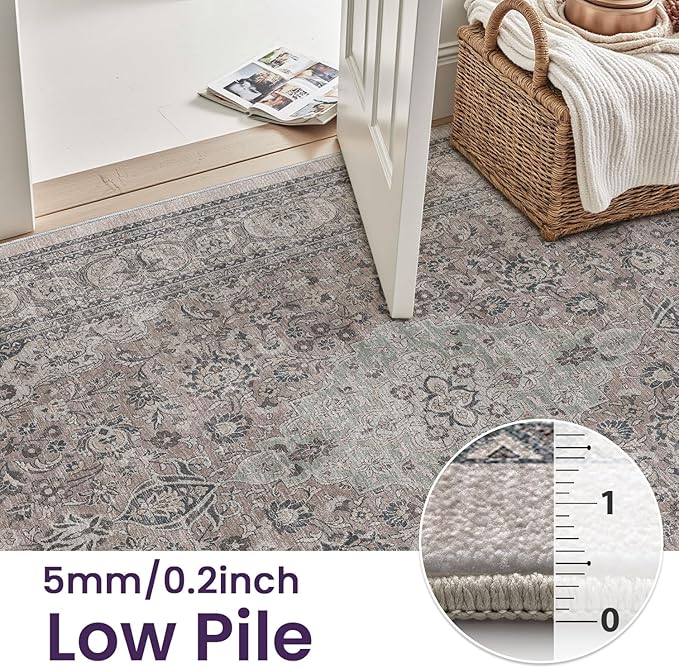 DEXI Area Rugs for Living Room, 8x10 Washable Low Pile Floral Rug for Bedroom, Non Slip Large Indoor Carpet for Dining Office Nursery, Grey