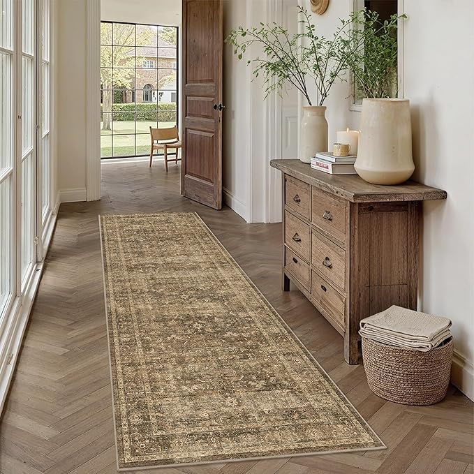 2'6"x8' Brown Runner Rug Hallway Non Slip Washable Area Rugs Kitchen Soft Vintage Boho Long Rug Distressed Floral Carpet Indoor Low Pile Throw Rug for Bedroom Bathroom Laundry Dining Room Office