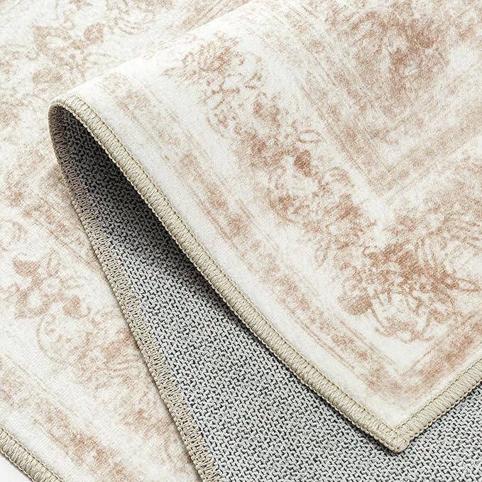 PureCozy Area Rug 5x7 Cream Washable Living Room Beige Carpet Non Slip Vintage Medallion Low Pile Soft Indoor Bedroom Retro Distressed Indoor Rug for Kitchen Home Office Laundry Dining Room