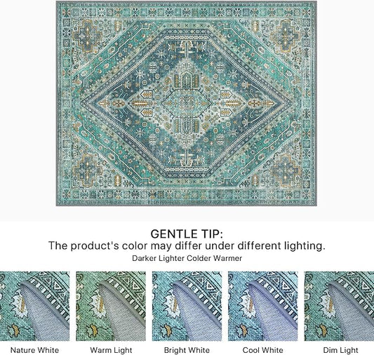Bavni Runner Rug 2x10 Kitchen Rugs for Hallways Entryway, Washable Vintage Print Carpet, Ultra-Thin Chenille Low Pile Lightweight Rug with Non Slip Backing, Blue/Green
