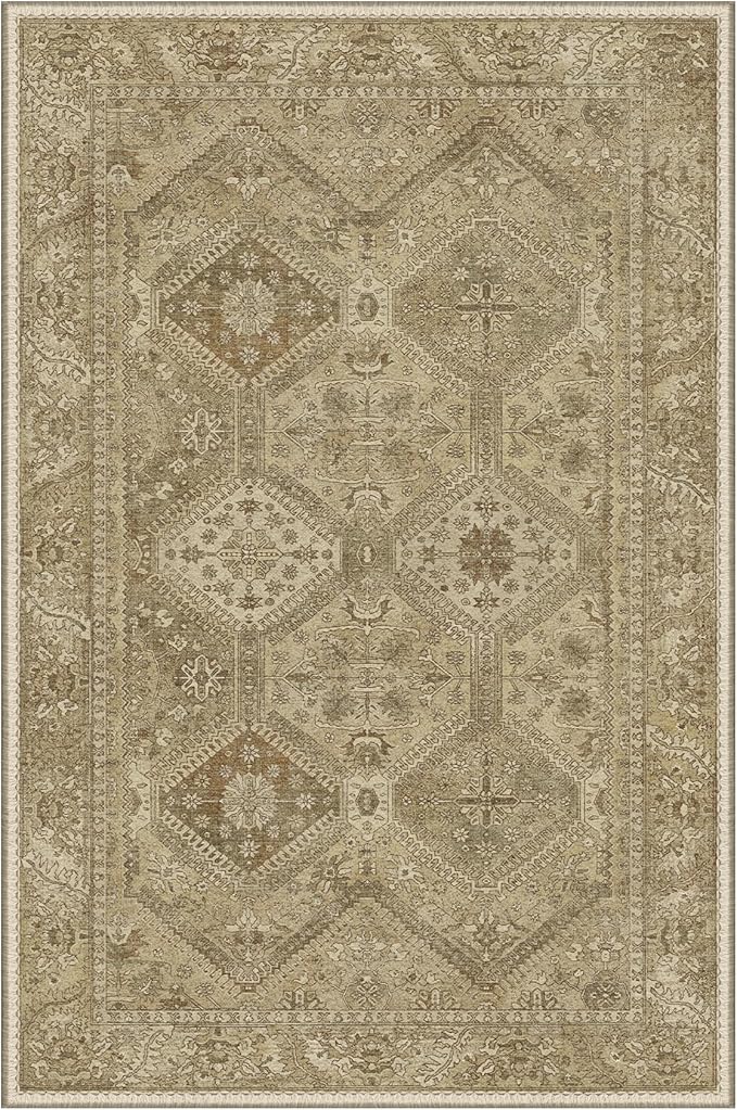 Bavni 2x3 Entryway Rug for Front Door Bathroom, Washable Vintage Print Carpet, Low Pile Lightweight Rug with Non Slip Backing, Light Brown