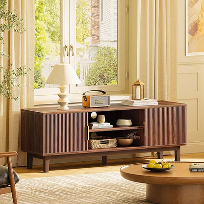 PRAISUN 54 Inch TV Stand for 50, 55 Inch TV, Fluted Entertainment Center with 2 Cabinets, TV Consoles for Living Room, 3-Level Adjustable Shelf, 4 Cable Holes, Meida Console, Walnut