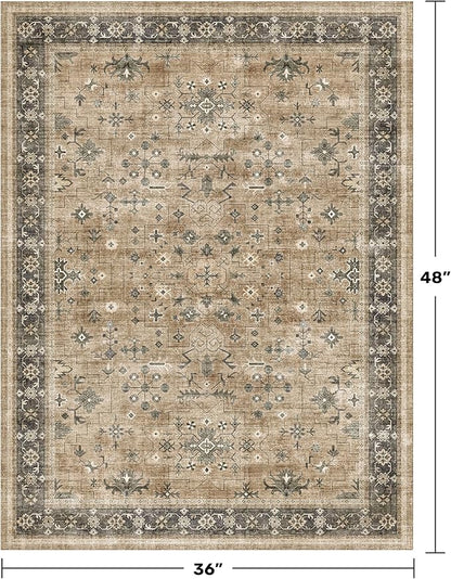 Hazo Haus Traditional Washable 3x4 Entry Rug, Mudroom Indoor Entrance Door Mat, Non-Slip Kitchen Floor Rug with Rubber Backing, Stain and Fade Resistant, Earthy Taupe & Sage Floral Design