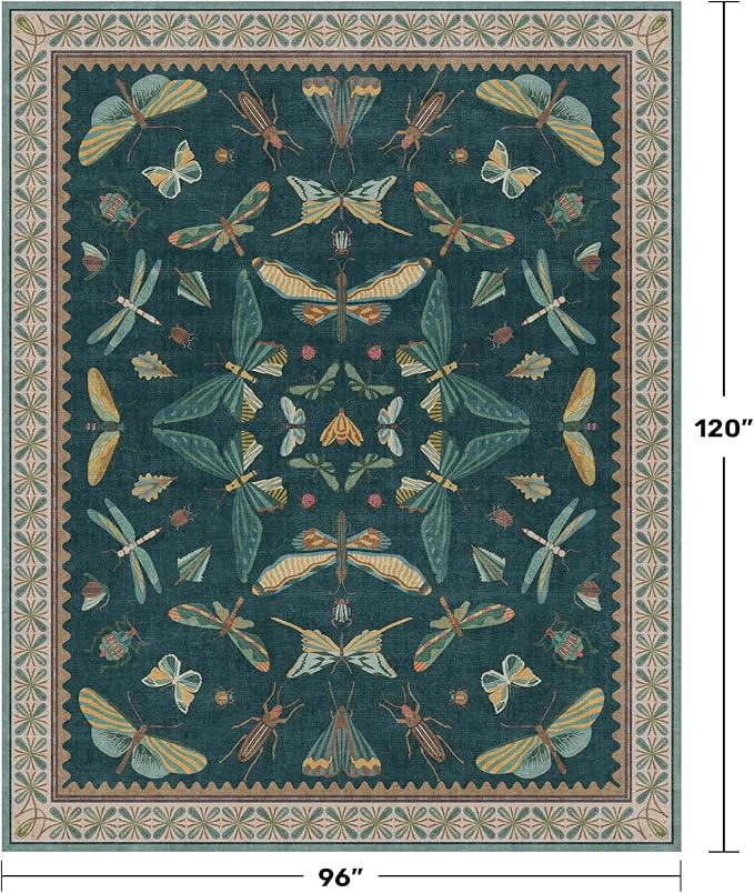 Insect Print Washable 8x10 Living Room Rug - Bugs, Butterfly, Bees, Moths Patterned Area Rugs for Bedroom, Dining Room Under Table, Kids Room, Home Office, Washable Non Slip Fade Resistant Low Pile