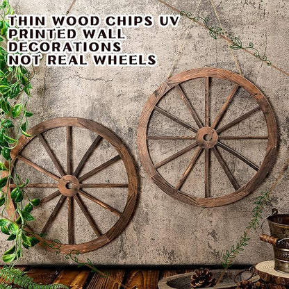 Qunclay 2 Pcs Wagon Wheel Decor Wooden Western Cowboy Party Decorations Vintage Rustic Wagon Wheel Wood Cartwheel Decor for Bar Garage Indoor Outdoor (Brown,12 Inch)