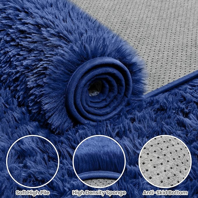 2x6 Bedside Area Rugs for Bedroom: Soft Fluffy Shag Blue Rug for Hallway, Non-Slip Fuzzy Plush Living Room Rug Indoor Floor Carpet for Kids Rooms, Dorm, Nursery, Modern Home Aesthetic Decor