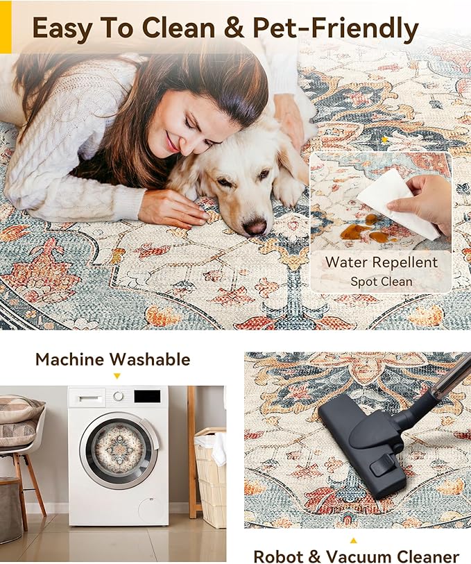 RELEANY Area Rugs Round 5ft Washable Non-Slip, Floral Vintage Distress Print Pattern Medallion Carpet for Living Room Bedroom Dining Room, Beige Navy Blue Orange Colorful
