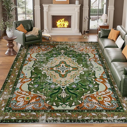 RUSHUFFY 6x9 Washable Area Rugs for Living Room, Non-Slip Boho Vintage Traditional Medallion Print Pattern Carpet for Bedroom Dining Room Farmhouse Nursery Room, Dark Green