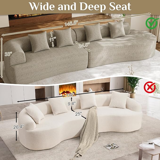 147" Oversized Sectional Sofa for Living Room, Modern Luxury Plush Chenille 4-Seater Extra Deep & Wide Seat Curved Cloud Couch with 4 Throw Pillows, No Assembly Needed, Light Brown