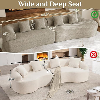 147" Oversized Sectional Sofa for Living Room, Modern Luxury Plush Chenille 4-Seater Extra Deep & Wide Seat Curved Cloud Couch with 4 Throw Pillows, No Assembly Needed, Light Brown