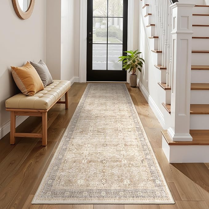 Neutral 2'6''x8' Kitchen Runner Rug, Vintage Printed Runners for Hallways Non Slip Washable, Low Pile Thin Entryway Runner Rug Indoor Foyer Mudroom Bathroom Bedroom, Earth Tone Beige Taupe
