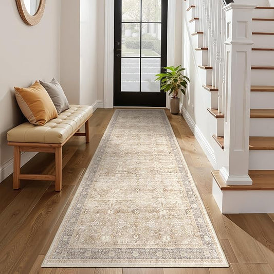 Neutral 2'6''x8' Kitchen Runner Rug, Vintage Printed Runners for Hallways Non Slip Washable, Low Pile Thin Entryway Runner Rug Indoor Foyer Mudroom Bathroom Bedroom, Earth Tone Beige Taupe