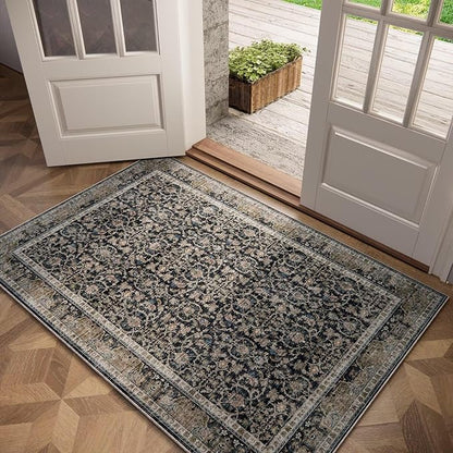 Washable 3x5 Entryway Rug, Boho Non-Slip Vintage Distress Small Rugs for Kitchen Nursery Office Bedroom, 0.3" Neutral Oriental Throw Thin Carpet with Cushioning Pad, Black/Blue/Multi,A1