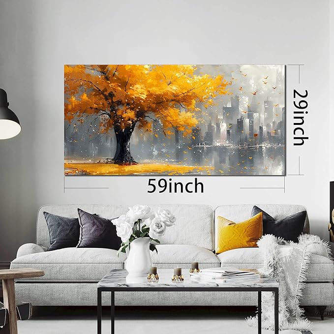Large Yellow Tree Canvas Wall Art for Living Room Yellow and Grey Tree of Life Wall Art for Bedroom Office Modern Framed Canvas Prints Size 29x59