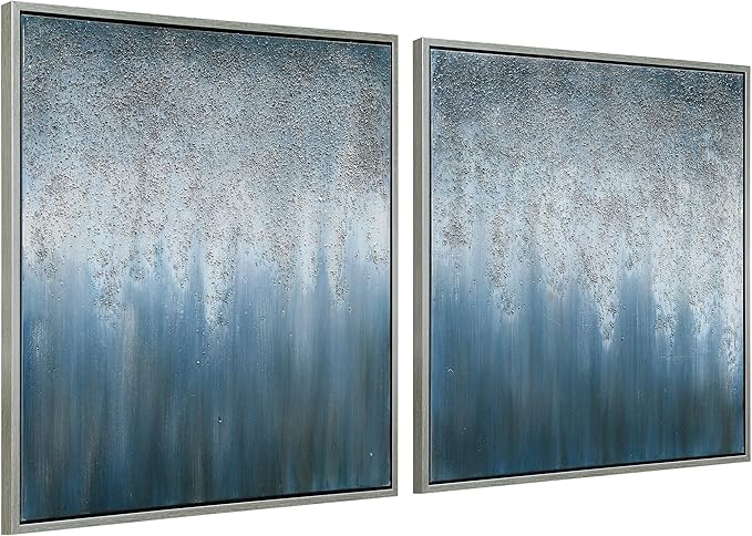 Empire Art Direct Abstract Wall Art Textured Hand Painted Canvas by Martin Edwards, Diptych, 36" x 36" each, Blue Rain