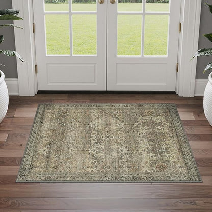 GENIMO 2x3 Area Rugs for Living Room, Machine Washable Non Slip Vintage Rugs, Low Pile Lightweight Chenille Print Rug for Bedroom, Dining Room, Home Office, Green Khaki